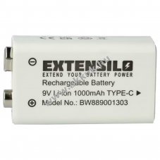 EXTENSILO 9V Block akku USB-C aljzat, 6F22, 6LR61, Li-Ion, 8.4V, 1000mAh kbel nlkl