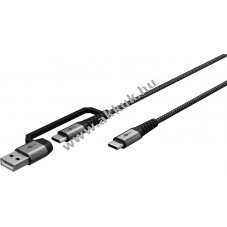 USB-C kbel szvetbortssal, 1m, szrke, USB-A adapterrel